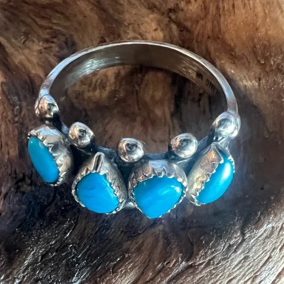 Zuni Navajo Blue Turquoise Ring Band Sleeping Beauty Sterling Petit Point 7 - Picture 5 of 11